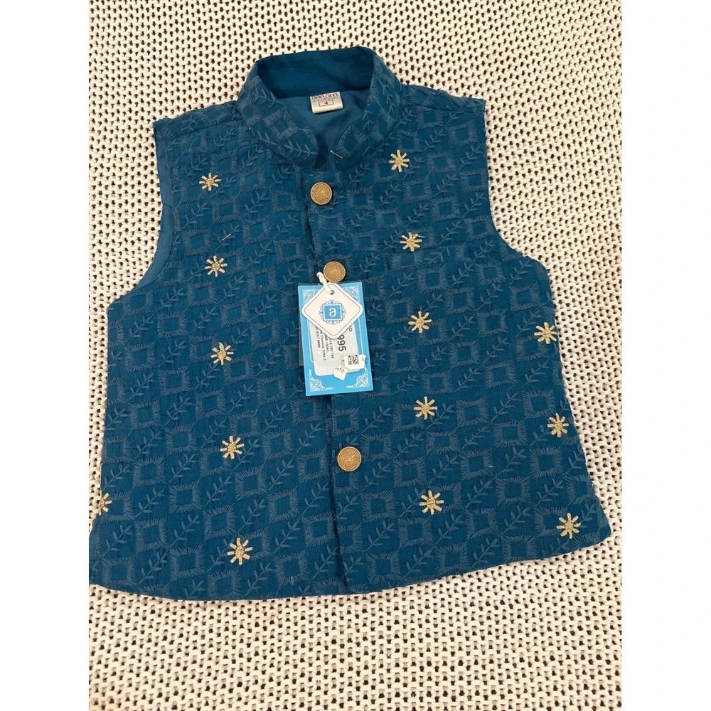 Aarom Ethnic Wear Boys Teal Blue Embroidered Sherwani Vest Waistcoat Size 4 NWT